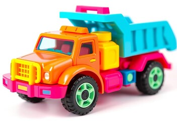 Naklejka premium Vibrant plastic toy truck, bright colors, white background, lorry, playtime