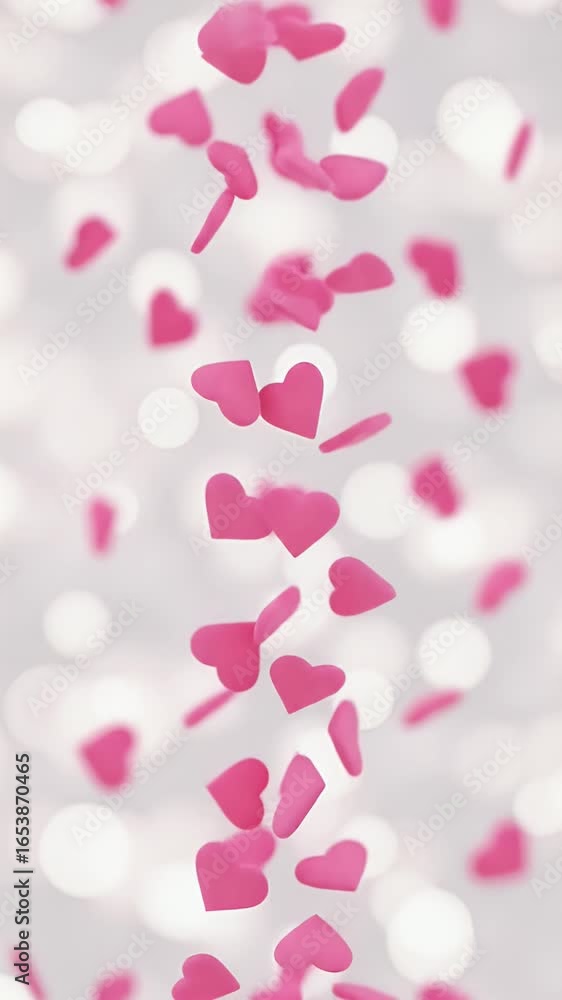 Poster abstract animation of falling pink hearts on a sparkling bokeh background