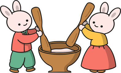 절구로 떡을 만드는 한복입은 달토끼
