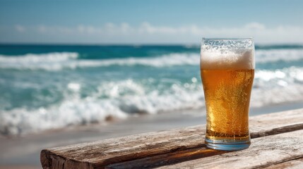 A glass of beer is sitting on a wooden table by the ocean. The glass is half full and the ocean is visible in the background. Concept of relaxation and leisure, as the beach setting
