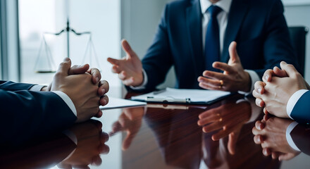 Businesspeople gathered around a table, engaged in serious discussion and collaboration, hands clasped, showing unity and teamwork in a corporate meeting.
