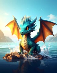 Cute dragon on a rock in water