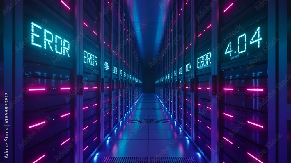 Aufkleber error 404 displayed on server racks, high-tech futuristic data center concept.