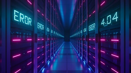 Error 404 Displayed on server racks, high-tech futuristic data center concept.