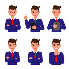 Fototapeta premium Set of a young businessman character in various poses and emotions. Male office worker showing confidence, thinking, and anxiety for business concepts.