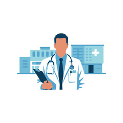 Doctor with stethoscope and clipboard in front of hospital building medical healthcare