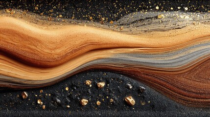 Abstract swirls of warm earth tones and gold glitter on dark background