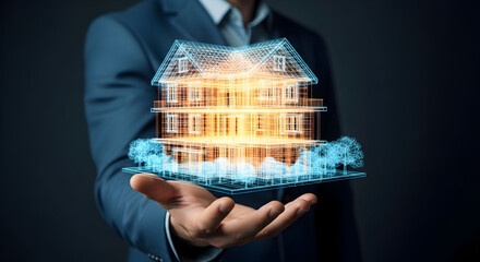 Businessman holds a glowing holographic model of a modern smart home