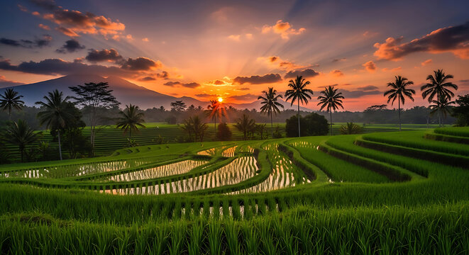 Vibrant sunset over lush green rice terraces with palm trees and mountain - Powered by Adobe