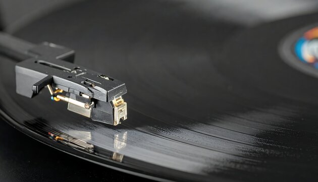 Close-up of a record player's tonearm on a vinyl record