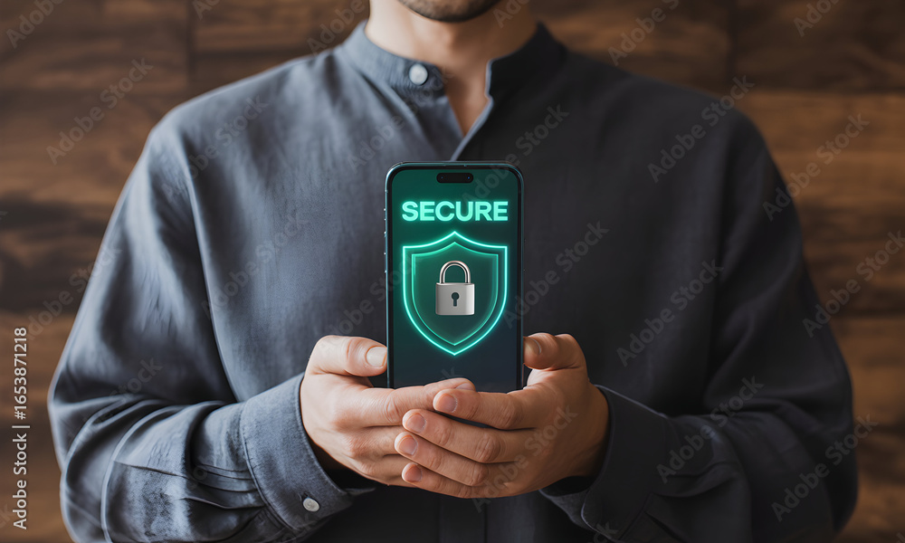 Poster man holding a smartphone with a digital security shield and lock icon