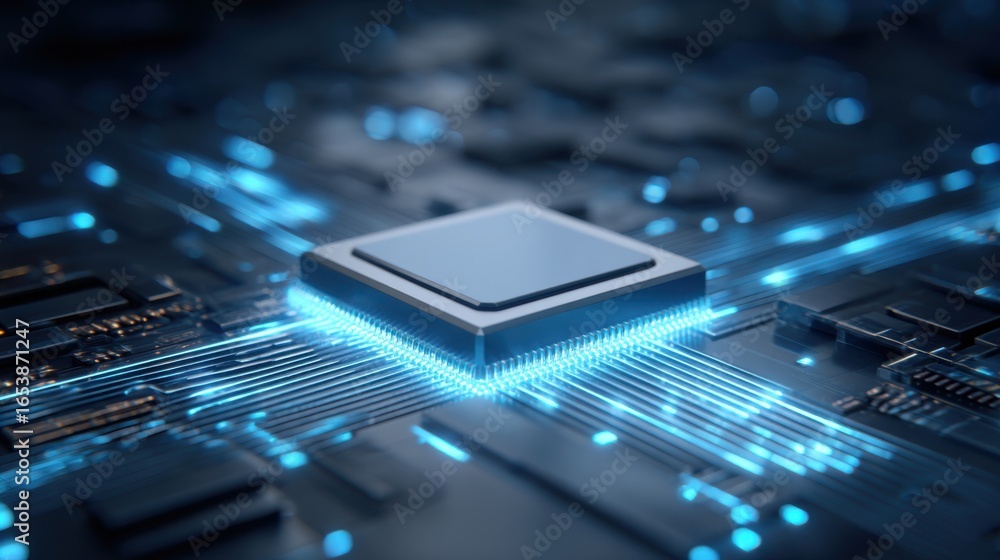 Poster a computer chip is shown in a blue light. the chip is surrounded by a network of wires and circuits.