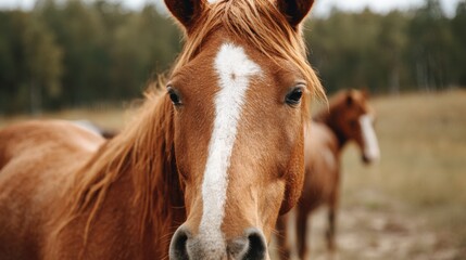 Fototapeta premium A brown horse with a white stripe on its face is looking at the camera. The horse is in a field with other horses in the background