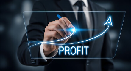 Businessperson drawing upward profit graph on digital screen, illustrating growth, success, and financial increase in a modern office setting.