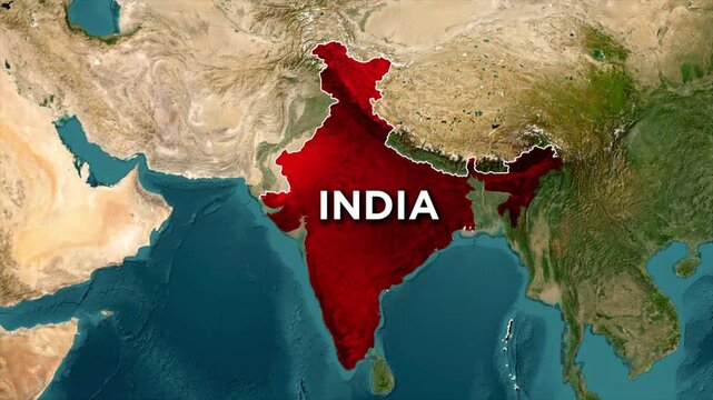 Aerial view of India map animation with highlighted country area and geographic region view