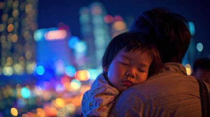 A man is holding a sleeping child. The child is wrapped in a blanket and is looking down. The scene is set in a city at night, with the lights of the buildings and the street creating a bright