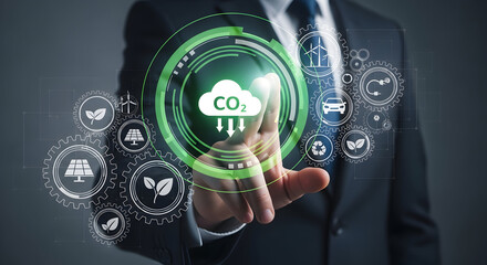 Businessperson interacting with a digital environmental dashboard, focusing on climate change.