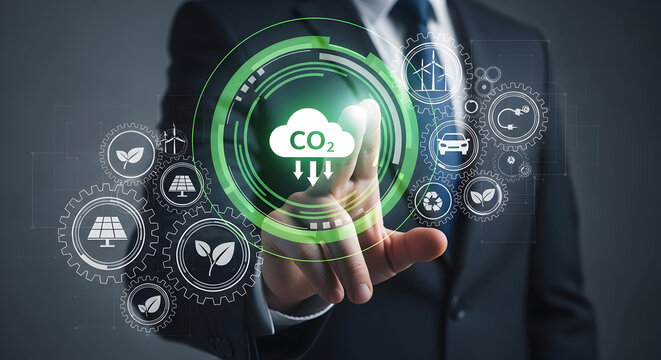 Businessperson interacting with a digital environmental dashboard, focusing on climate change.