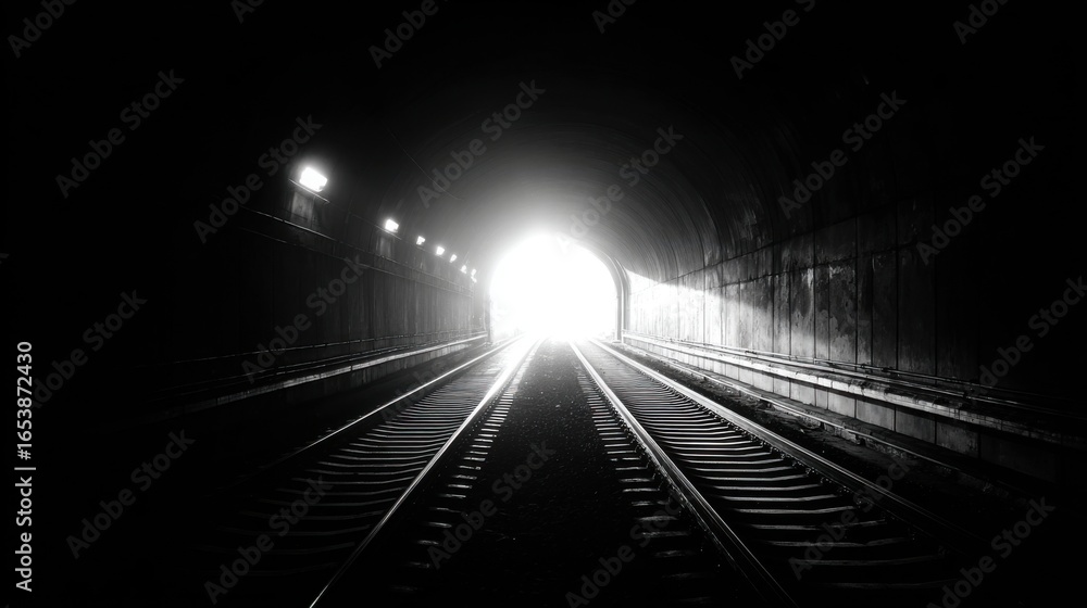 Poster a tunnel with a light shining through it. the tunnel is dark and the light is the only source of ill