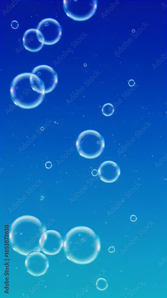 Poster abstract blue background with floating bubbles and particles
