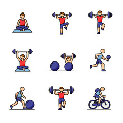Fitness Icons Yoga, Weightlifting, Cardio & Cycling Illustrations