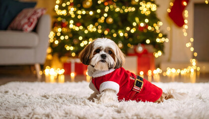 Shih Tzu Dog in Santa Costume Sitting on Shaggy White Carpet Near Lit Christmas Tree