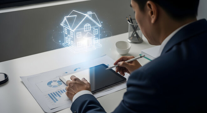 Focused businessman designing a virtual house on his computer.