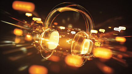 3D floating headset with glowing data streams and chat icons symbolizing vibrant efficient digital customer service