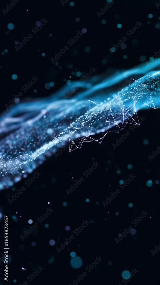 Poster abstract blue digital network flowing waves with particles background