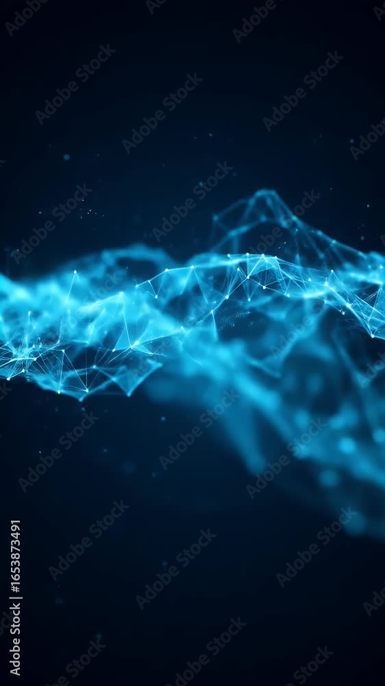 Poster abstract blue digital network grid background with glowing particles 3d