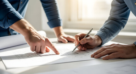 Two people collaborating on blueprints, planning and designing.