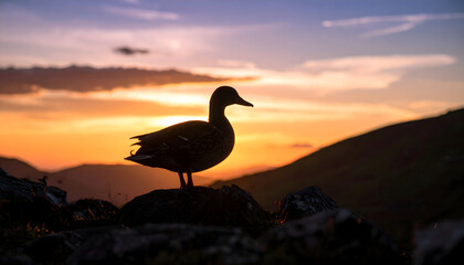 Silhouette of a Duck Perched on a Rocky Outcrop Against a Vibrant Orange Sunset Sky