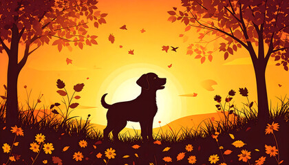 Silhouette of a Dog Standing in a Field During Sunset with Orange Sky and Pixelated Trees and Leaves