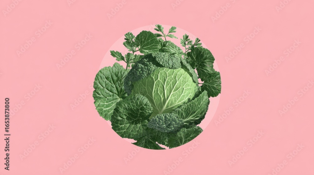 Poster a close up of a head of cabbage with a pink background. the cabbage is surrounded by green leaves an