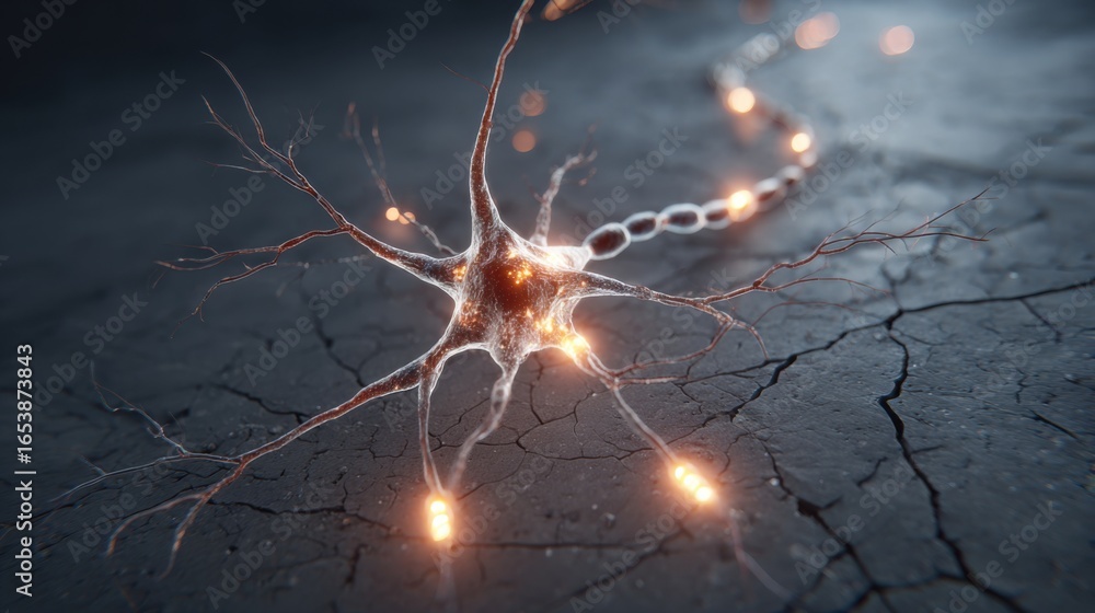 Poster a neuron is shown in a close up with a lot of detail. the neuron is surrounded by a lot of light, wh