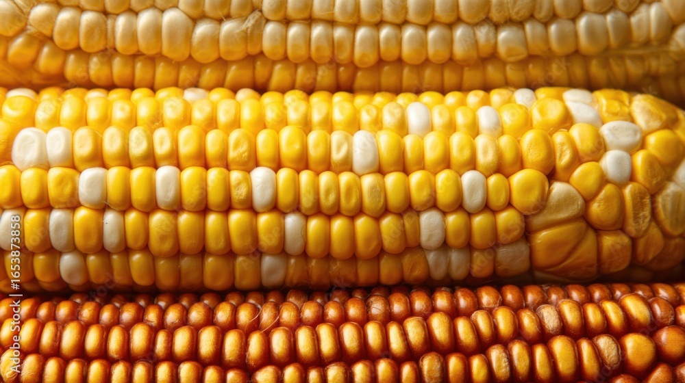 Poster a stack of corn cobs with some yellow and some white kernels. the cobs are arranged in a way that cr