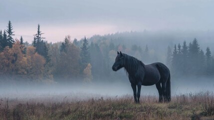 A black horse stands in a field of tall grass. The sky is overcast and the air is cool and damp. The horse appears to be alone, with no other animals or people in the scene