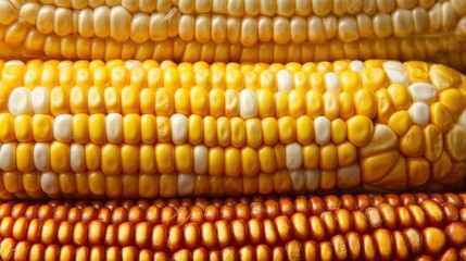A stack of corn cobs with some yellow and some white kernels. The cobs are arranged in a way that creates a visually appealing display