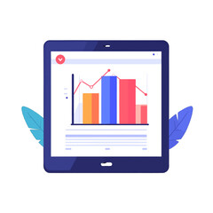 Tablet Displaying Colorful Business Chart With Analysis of Digital Data Report on White Background