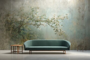 Teal sofa, distressed wallpaper, minimalist room