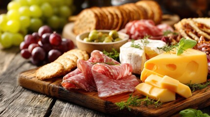 A wooden board with a variety of cheeses, crackers, and grapes. The board is set up for a party or gathering