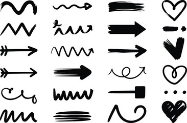 Fototapeta premium A collection of hand drawn black arrows hearts and brush strokes