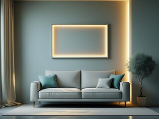 Fototapeta premium Modern living room with gray sofa and illuminated artwork