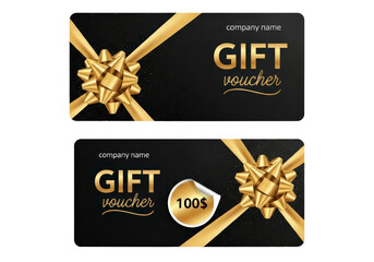 Set of black and gold gift voucher templates with a ribbon and bow, a festive design for holidays or special events