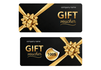 Set of black and gold gift voucher templates with a ribbon and bow, a festive design for holidays or special events