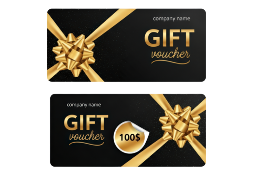 Set of black and gold gift voucher templates with a ribbon and bow, a festive design for holidays or special events