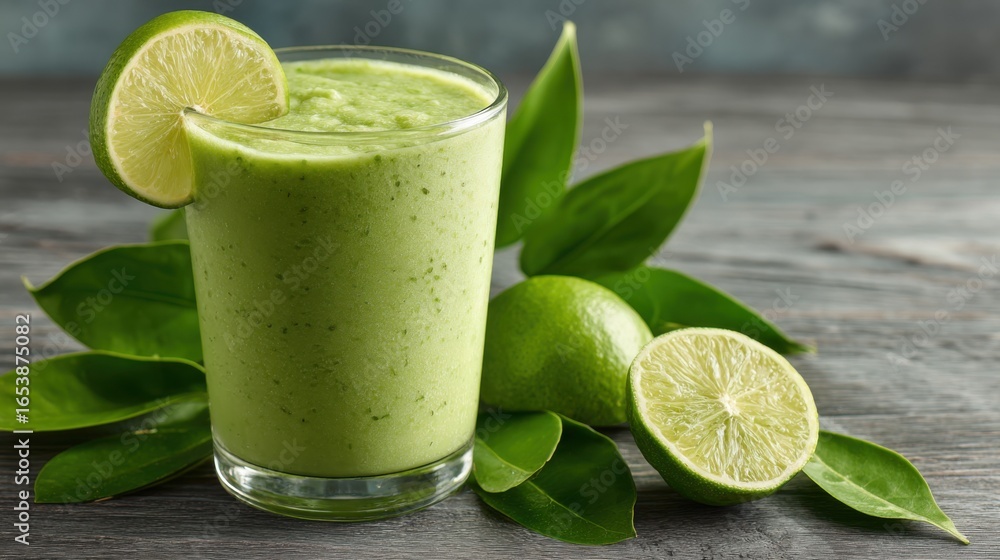 Poster a glass of green juice with a lime slice on top. the juice is made from spinach and is served in a c