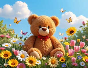 un oso de peluche entre flores y mariposas