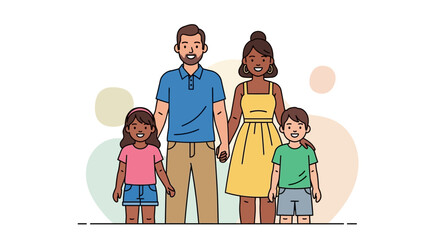 Happy multiracial family of four stands together, parents holding hands with their children.