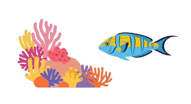 Vibrant Pixel Art of Blue Tang Fish Swimming by Colorful Coral Reef in Clear Ocean Waters on White Backdrop